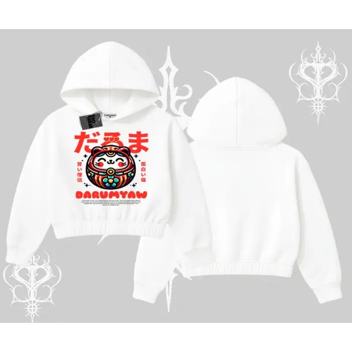 Kapşonlu Crop Sweatshirt Daruma Kedi Anime Baskılı