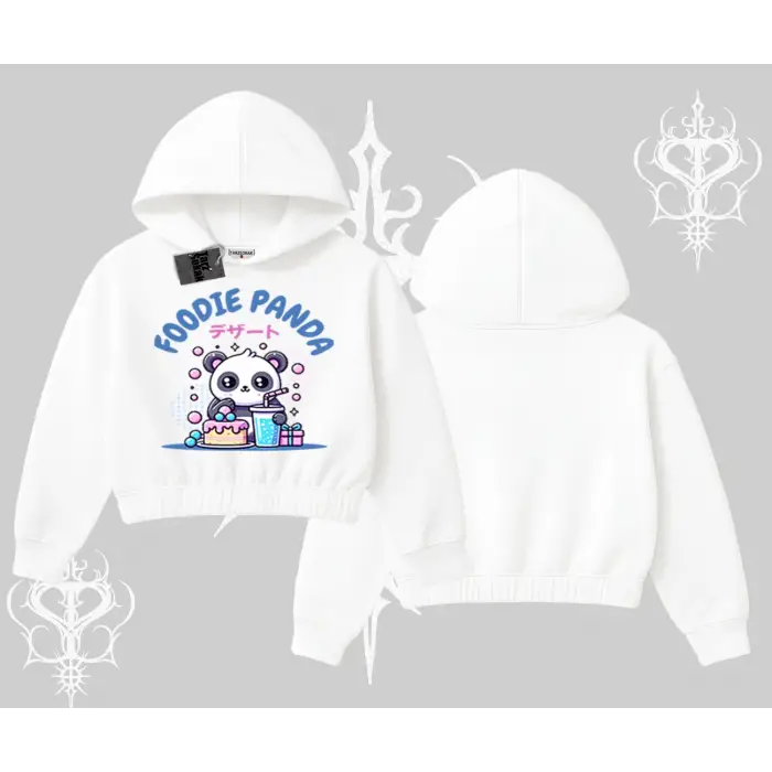 Kapşonlu Crop Sweatshirt Foodie Panda Tatlı ve Sevimli Panda Baskılı