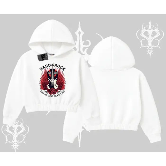 Kapşonlu Crop Sweatshirt Hard Rock Winged Guitar Rebellion