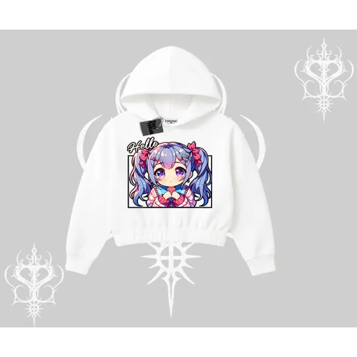 Kapşonlu Crop Sweatshirt Hello Anime Kız Sevimli Karakter Baskılı