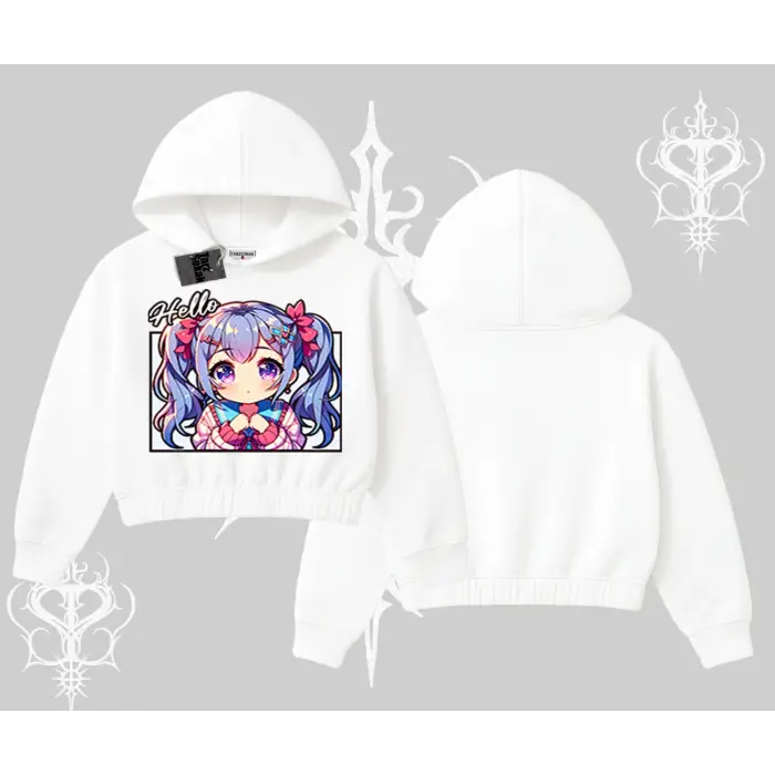 Kapşonlu Crop Sweatshirt Hello Anime Kız Sevimli Karakter Baskılı