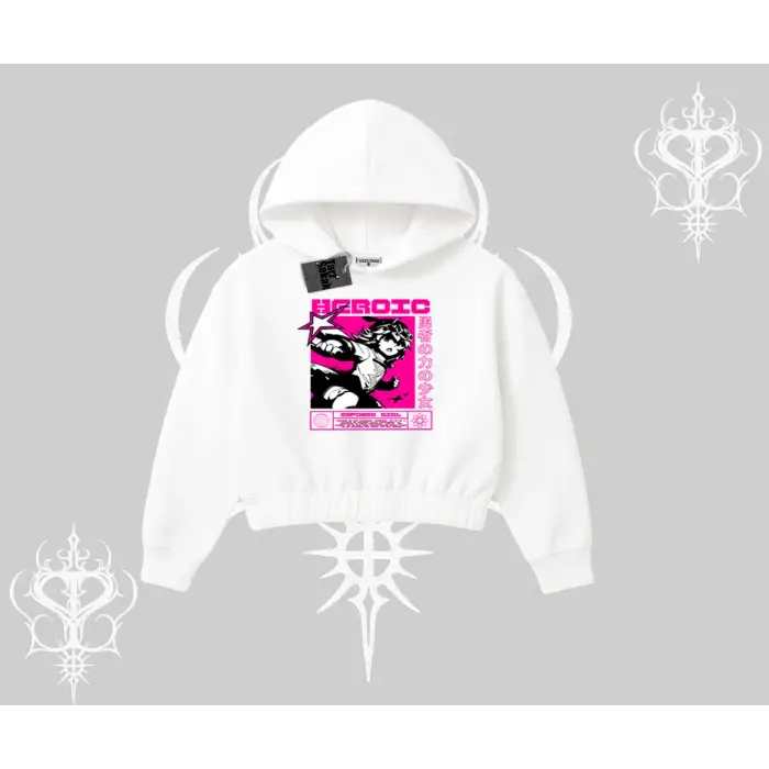 Kapşonlu Crop Sweatshirt Heroic Anime Girl Japon Stil Grafik Baskılı