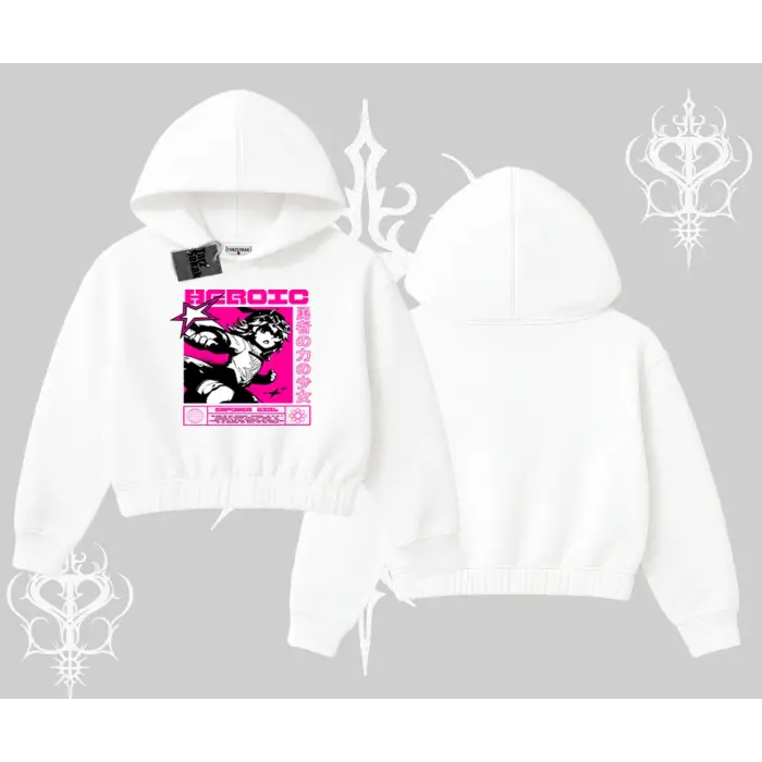 Kapşonlu Crop Sweatshirt Heroic Anime Girl Japon Stil Grafik Baskılı