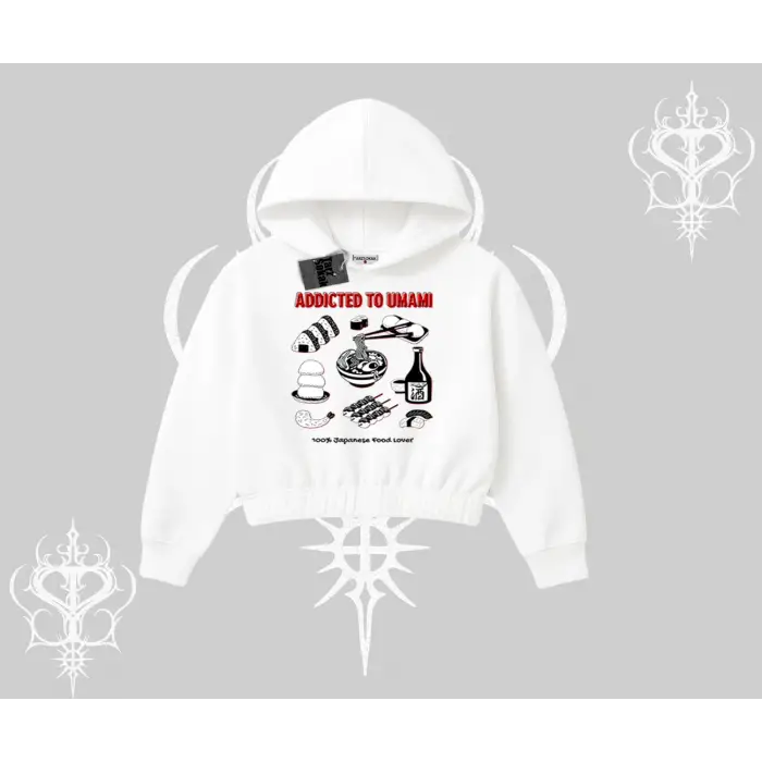 Kapşonlu Crop Sweatshirt Japon Mutfağı Umami Temalı Baskılı