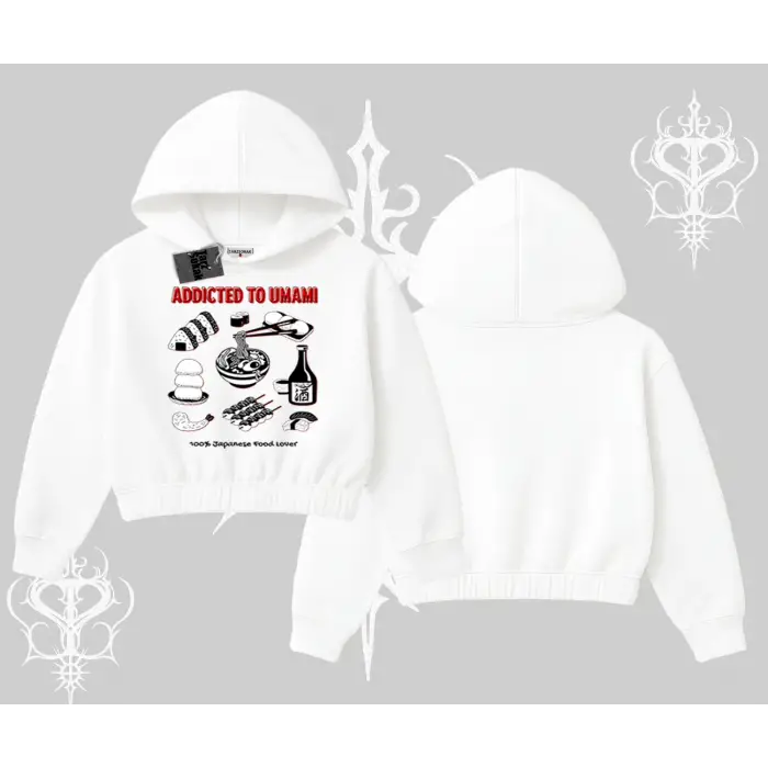 Kapşonlu Crop Sweatshirt Japon Mutfağı Umami Temalı Baskılı