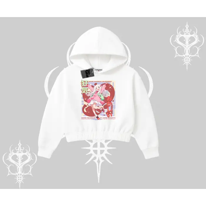 Kapşonlu Crop Sweatshirt Madness Unleashed Anime Girl Baskılı