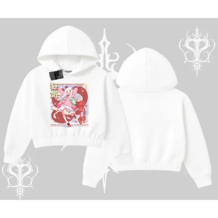 Kapşonlu Crop Sweatshirt Madness Unleashed Anime Girl Baskılı
