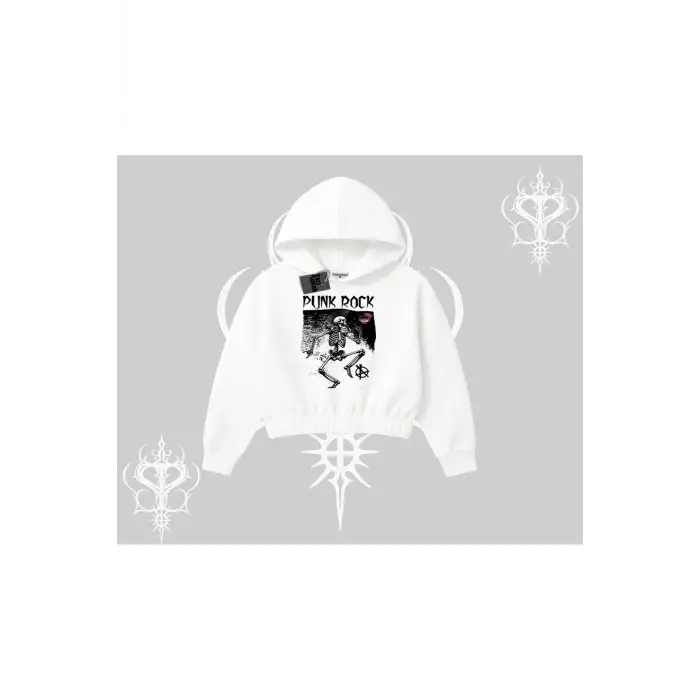 Kapşonlu Crop Sweatshirt Punk Rock Chaos Skeleton Riot