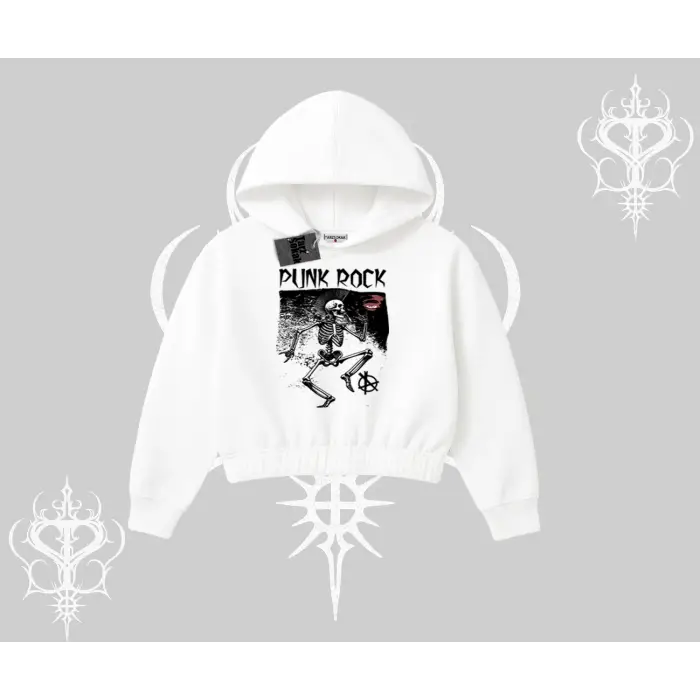 Kapşonlu Crop Sweatshirt Punk Rock Chaos Skeleton Riot