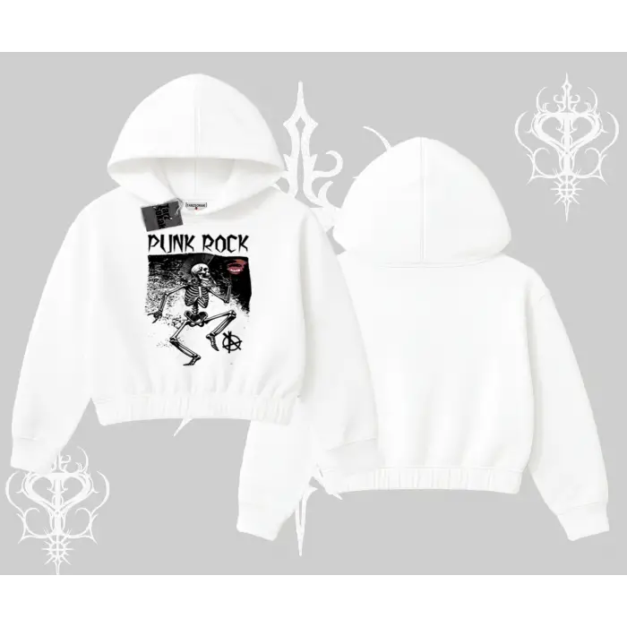 Kapşonlu Crop Sweatshirt Punk Rock Chaos Skeleton Riot