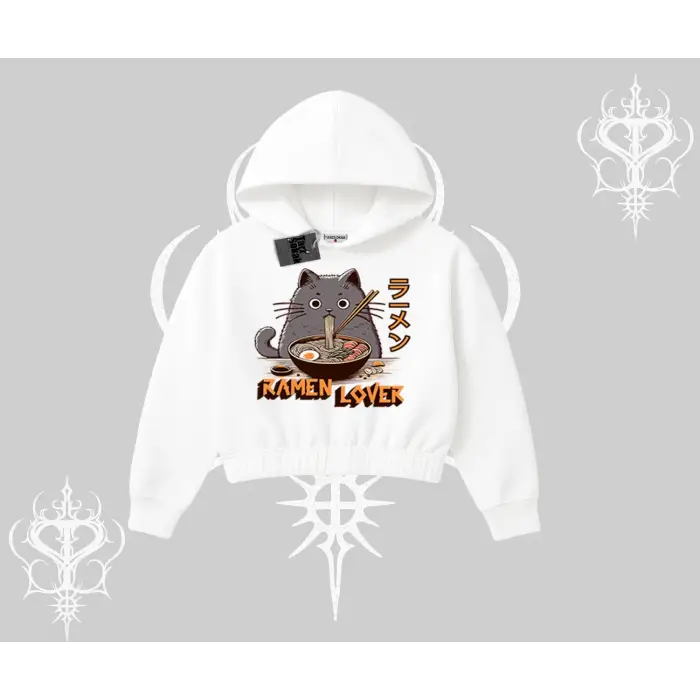 Kapşonlu Crop Sweatshirt Ramen Lover Kedi Anime Baskılı
