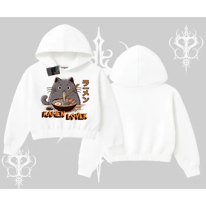 Kapşonlu Crop Sweatshirt Ramen Lover Kedi Anime Baskılı