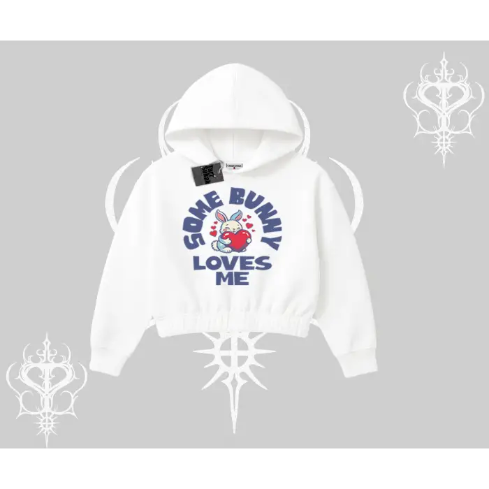 Kapşonlu Crop Sweatshirt Sevimli Tavşan Some Bunny Loves Me Baskılı