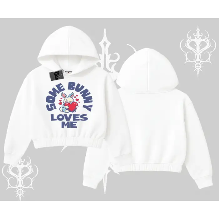 Kapşonlu Crop Sweatshirt Sevimli Tavşan Some Bunny Loves Me Baskılı