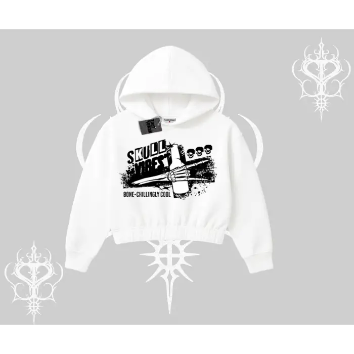 Kapşonlu Crop Sweatshirt Skull Impact Bone Chilling Street Icon