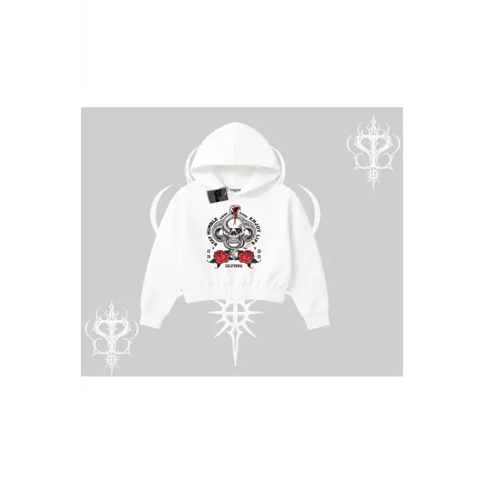 Kapşonlu Crop Sweatshirt Stay Humble Work Hard Enjoy Life