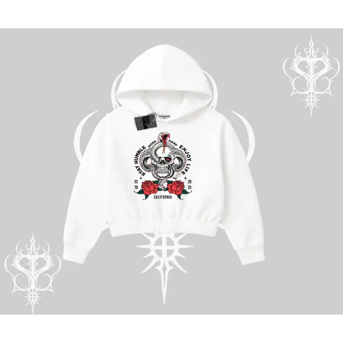 Kapşonlu Crop Sweatshirt Stay Humble Work Hard Enjoy Life
