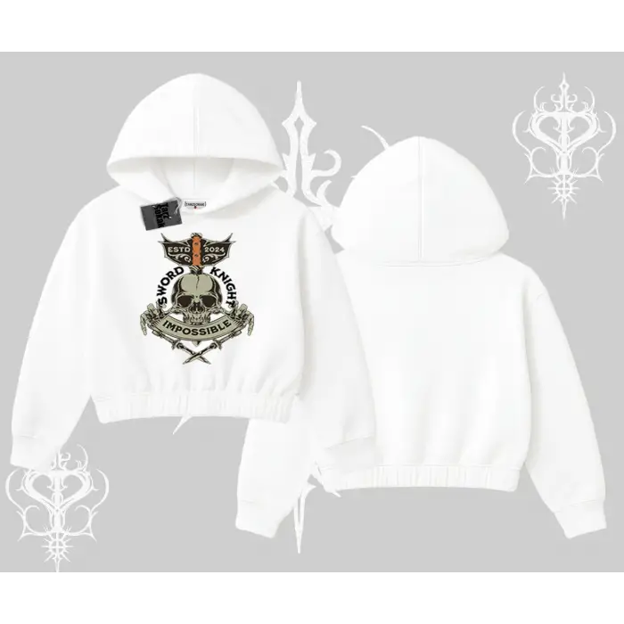 Kapşonlu Crop Sweatshirt Sword Knight Skull Impossible Street Creed