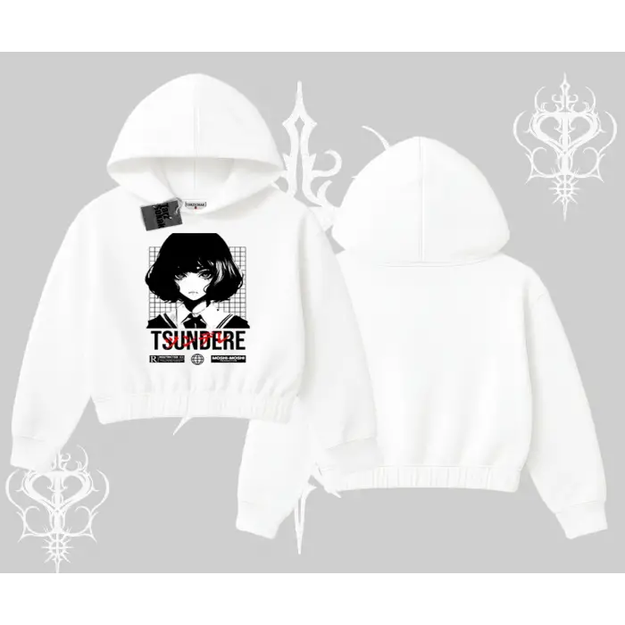 Kapşonlu Crop Sweatshirt Tsundere Anime Japanese Style Baskılı
