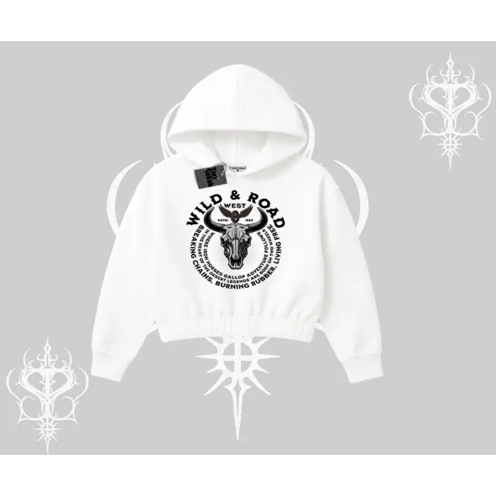 Kapşonlu Crop Sweatshirt Wild & Road Western Skull Biker Street Culture
