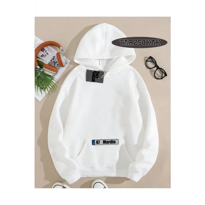 Kapşonlu Sweatshirt Beyaz 47 Mardin Özel Tasarım Plaka Detaylı