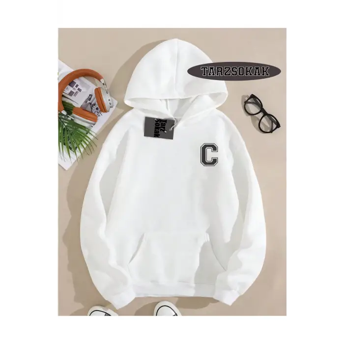 Kapşonlu Sweatshirt Beyaz C HARFİ İSME Özel Tasarım