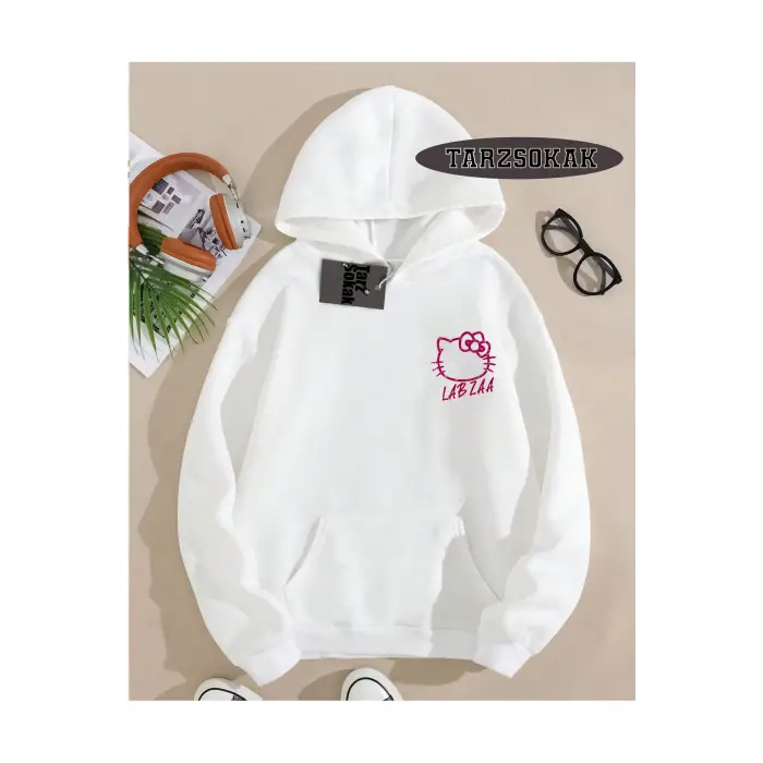 Kapşonlu Sweatshirt Beyaz LABZA HELLO KİTTY Özel Tasarım