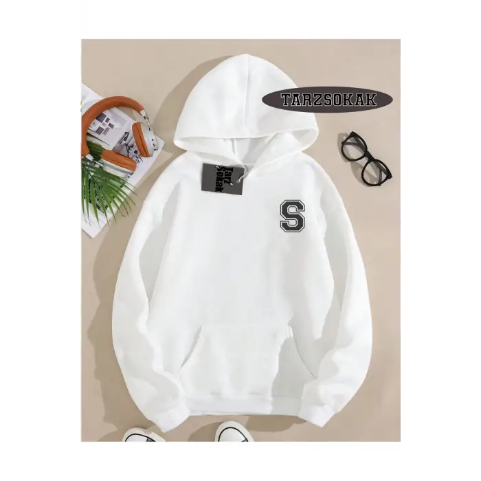 Kapşonlu Sweatshirt Beyaz S HARFİ İSME Özel Tasarım