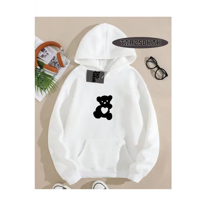 Kapşonlu Sweatshirt Beyaz TATLI AYI Özel Tasarım