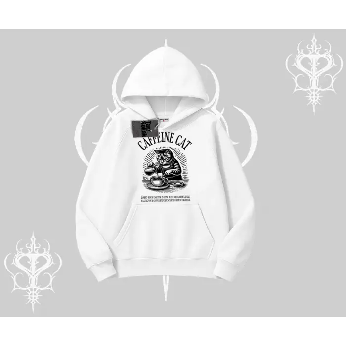 Kapşonlu Sweatshirt Caffeine Cat Kahve Temalı Kedi Baskılı