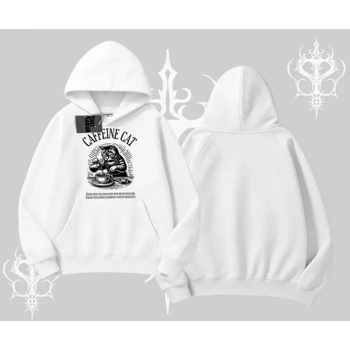 Kapşonlu Sweatshirt Caffeine Cat Kahve Temalı Kedi Baskılı