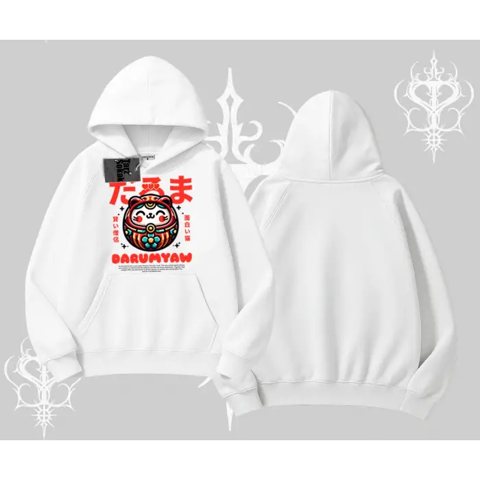 Kapşonlu Sweatshirt Daruma Kedi Anime Baskılı