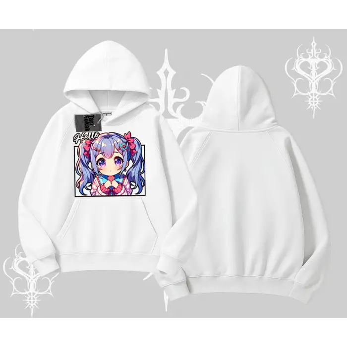 Kapşonlu Sweatshirt Hello Anime Kız Sevimli Karakter Baskılı