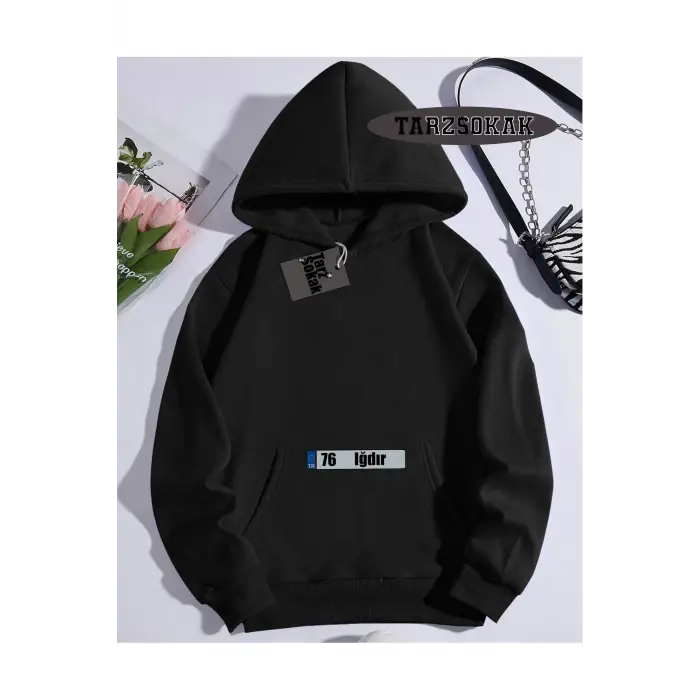 Kapşonlu Sweatshirt Siyah 76 Iğdır Özel Tasarım Plaka Detaylı