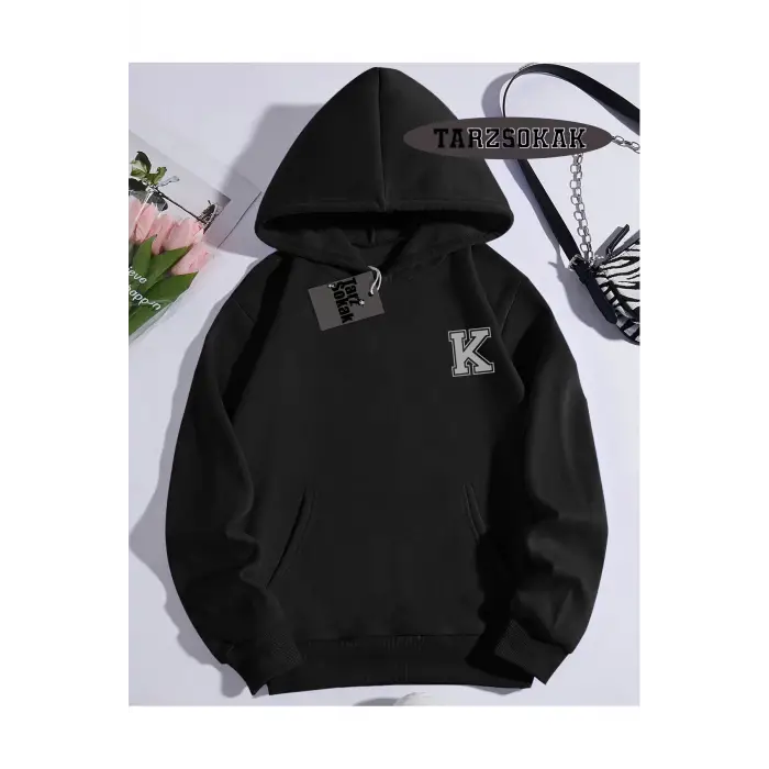 Kapşonlu Sweatshirt Siyah K HARFİ İSME Özel Tasarım