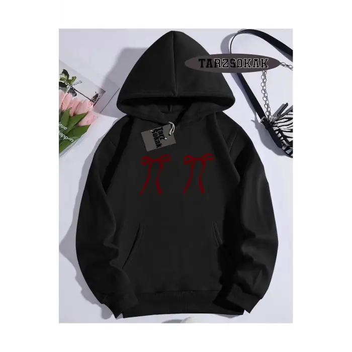 Kapşonlu Sweatshirt Siyah Kurdela Özel Tasarım