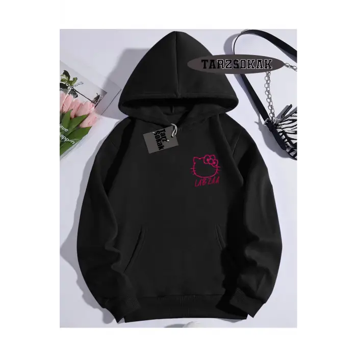Kapşonlu Sweatshirt Siyah LABZA HELLO KİTTY Özel Tasarım
