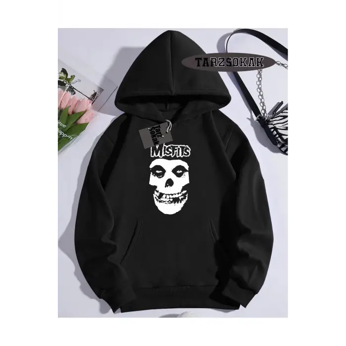 Kapşonlu Sweatshirt Siyah Misfits Punk Özel Tasarım