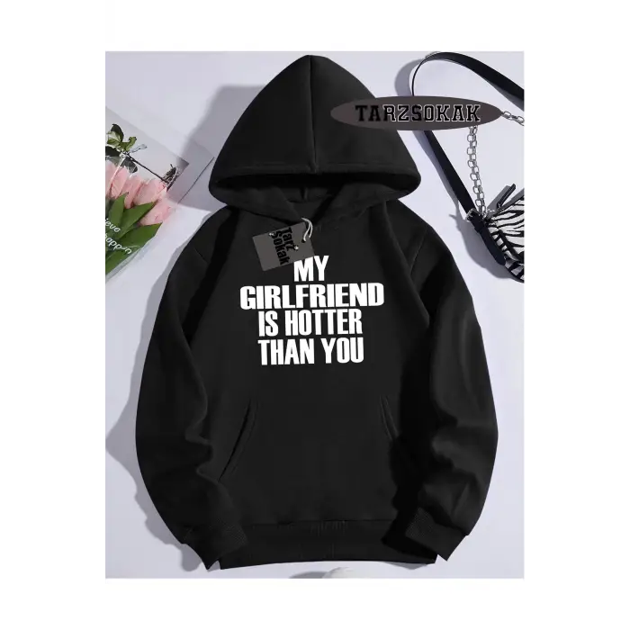 Kapşonlu Sweatshirt Siyah My Girlfriend Özel Tasarım