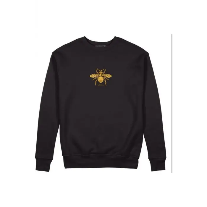 Kapşonsuz Arı Baskılı Pamuklu Siyah Sweatshirt