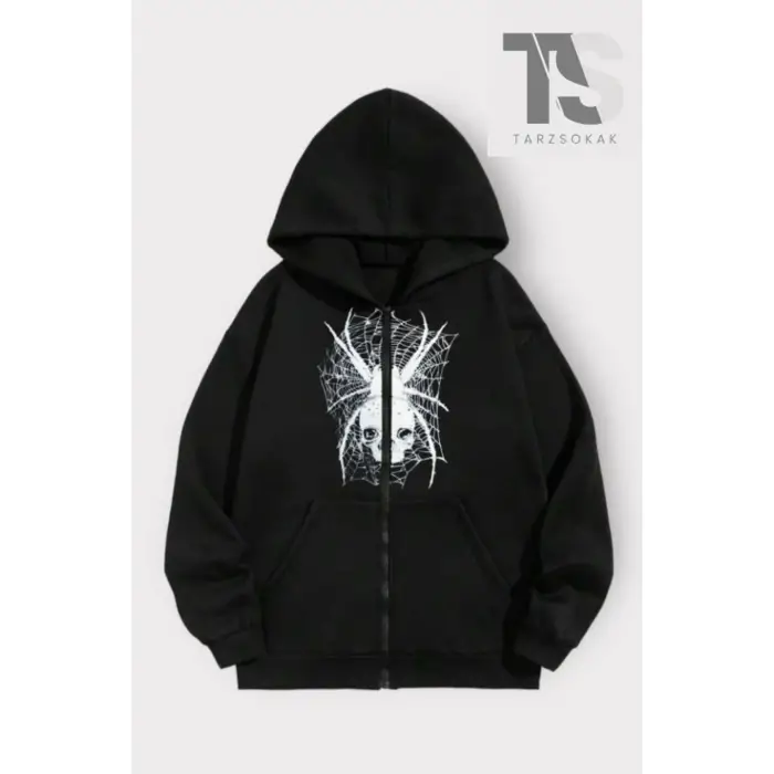 Karadul Ağ Desen Sweatshirt Fermuarlı Hırka Siyah