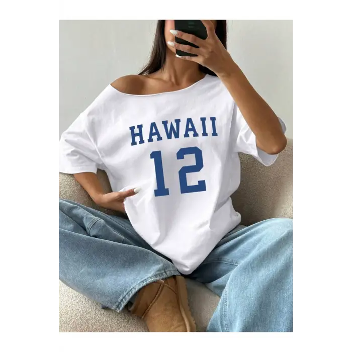 Kayık Yaka Hawaii Baskılı Oversize %100 Pamuk