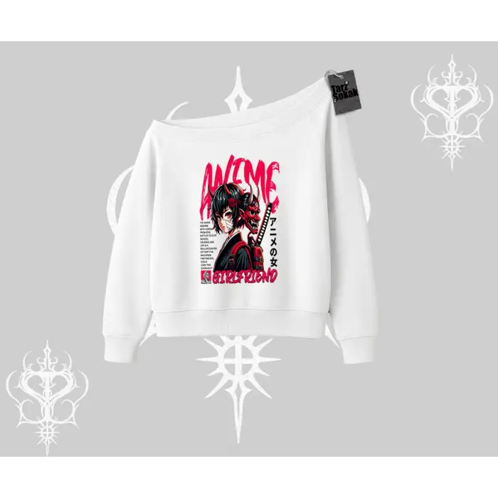 Kayık Yaka Sweatshirt Anime Girlfriend Kırmızı