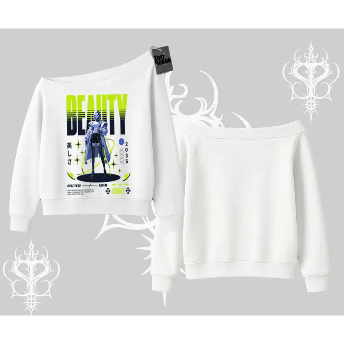 Kayık Yaka Sweatshirt Anime Unity Neon Detaylı Grafik Baskılı