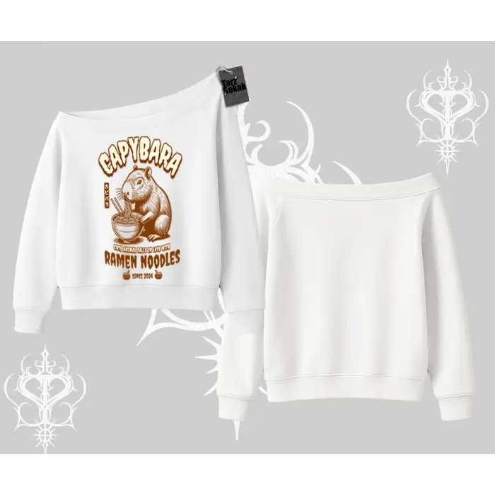 Kayık Yaka Sweatshirt Cute Capybara Enjoying Ramen Noodles Artwork