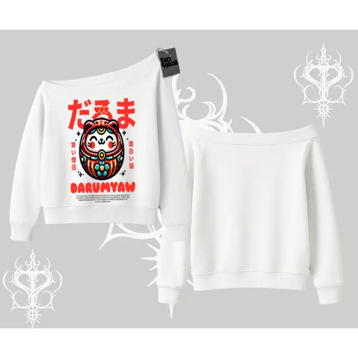 Kayık Yaka Sweatshirt Daruma Kedi Anime Baskılı