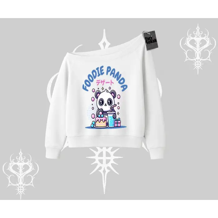 Kayık Yaka Sweatshirt Foodie Panda Tatlı ve Sevimli Panda Baskılı