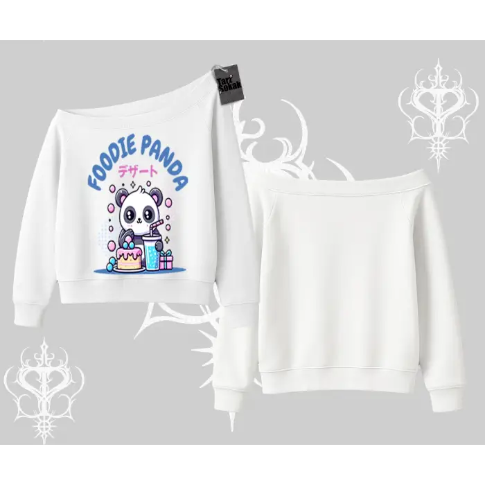 Kayık Yaka Sweatshirt Foodie Panda Tatlı ve Sevimli Panda Baskılı
