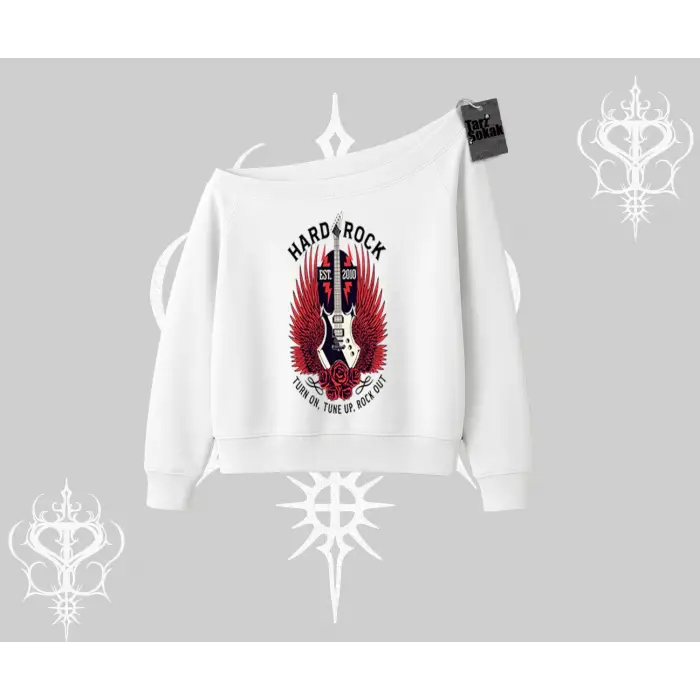 Kayık Yaka Sweatshirt Hard Rock Winged Guitar Rebellion