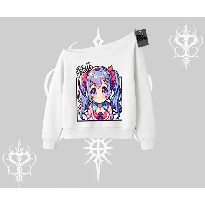 Kayık Yaka Sweatshirt Hello Anime Kız Sevimli Karakter Baskılı